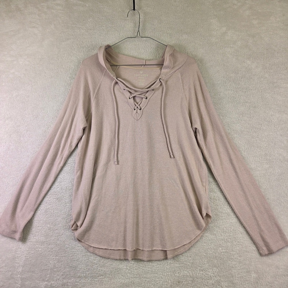 American Eagle Soft & Sexy Plush Lace Up Hoodie Blush Pink Long Sleeve Large